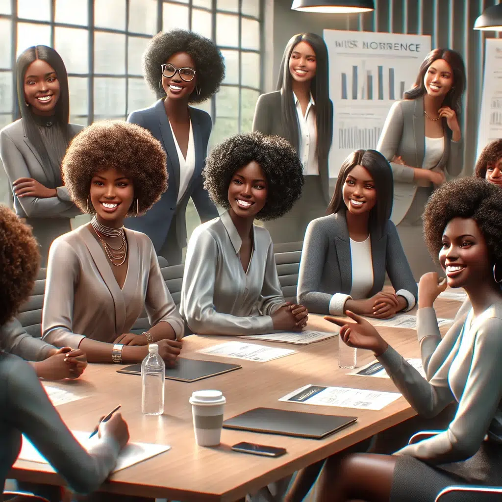 dall·e 2024 10 21 20.01.11 a realistic image of a group of black women at a conference, smiling and engaging with one another. they are seated around a modern conference table,