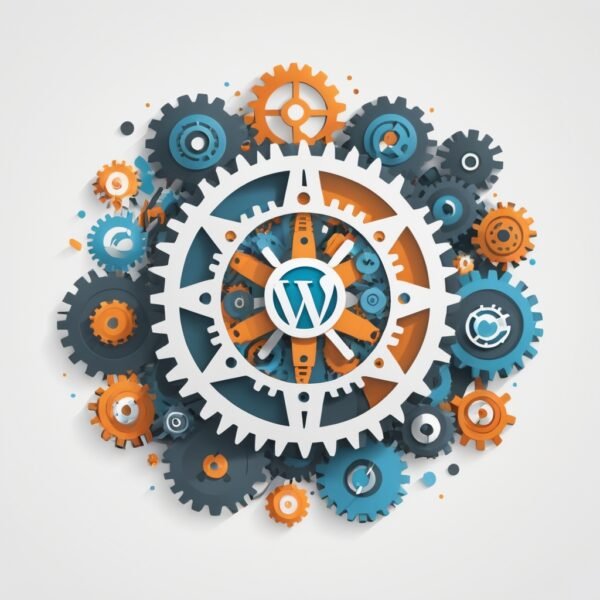 Uma engrenagem gigante com o logotipo do WordPress em destaque no centro, cercada por pequenos ícones representando páginas, plugins e configurações, tudo sobre um fundo branco minimalista.